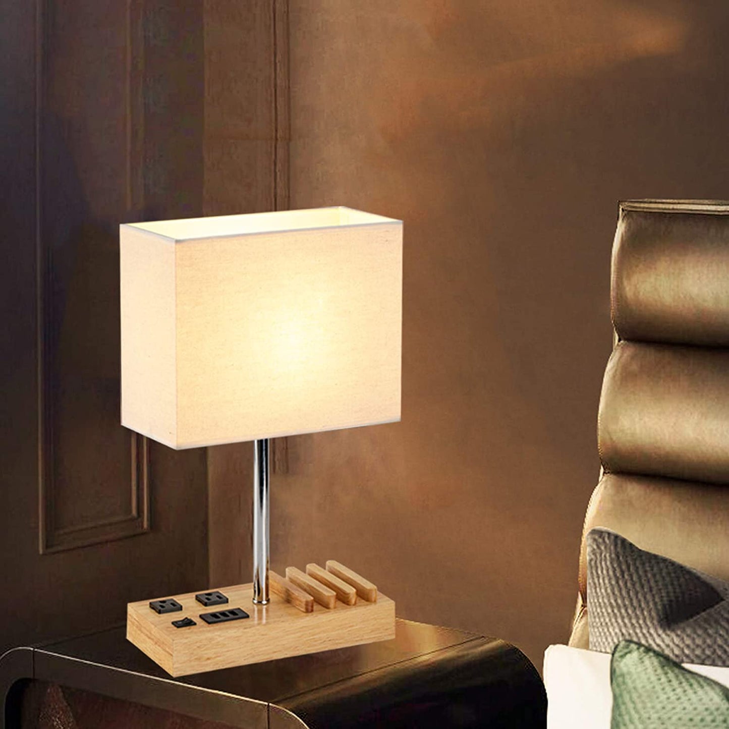 Desk Lamp with 3 USB Charging Ports, Natural Wooden Base and Cream Linen Shade