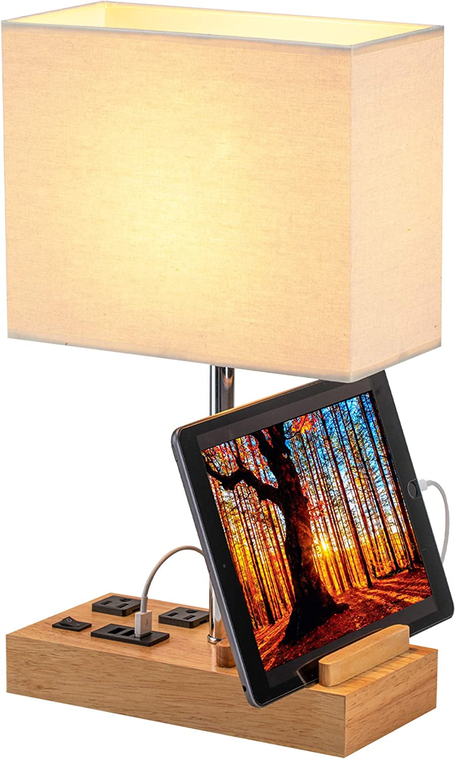 Desk Lamp with 3 USB Charging Ports, Natural Wooden Base and Cream Linen Shade