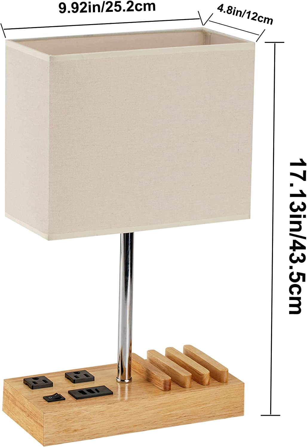 Desk Lamp with 3 USB Charging Ports, Natural Wooden Base and Cream Linen Shade