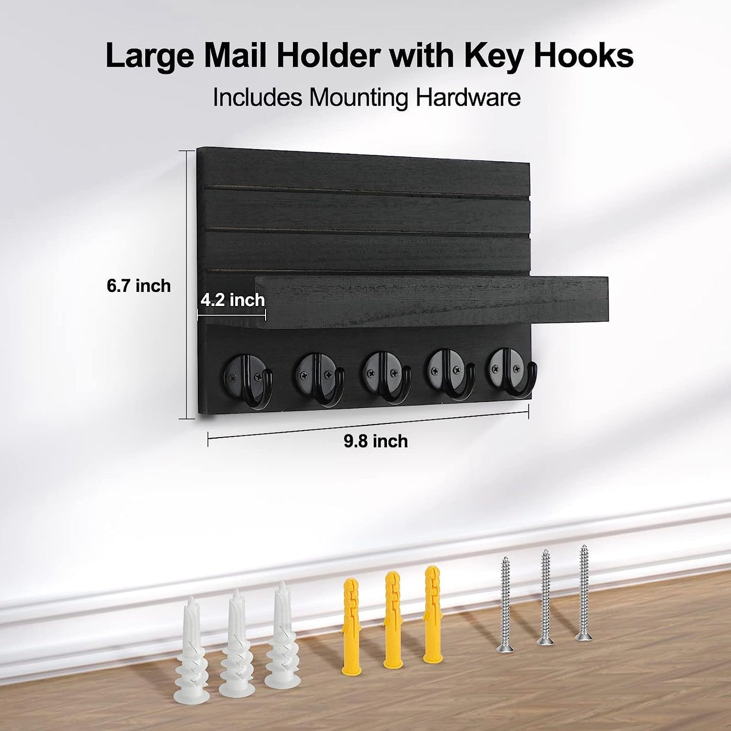 Key Holder for Wall, Decorative Key and Mail Holder with Shelf Mounting Hardware (9.8”W X 6.7”H X 4.2”D)