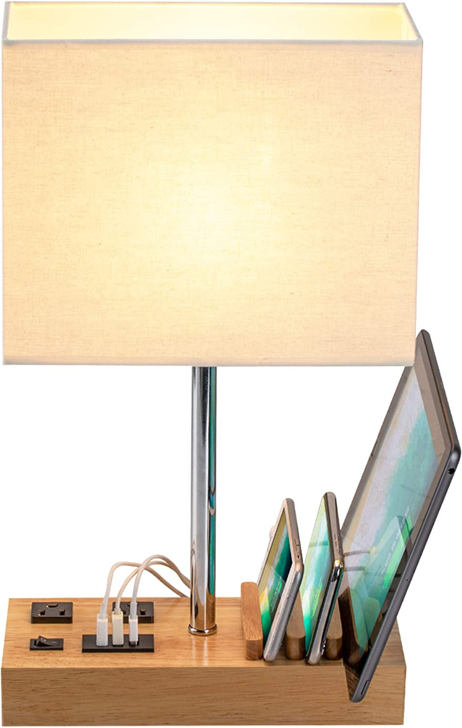 Desk Lamp with 3 USB Charging Ports, Natural Wooden Base and Cream Linen Shade