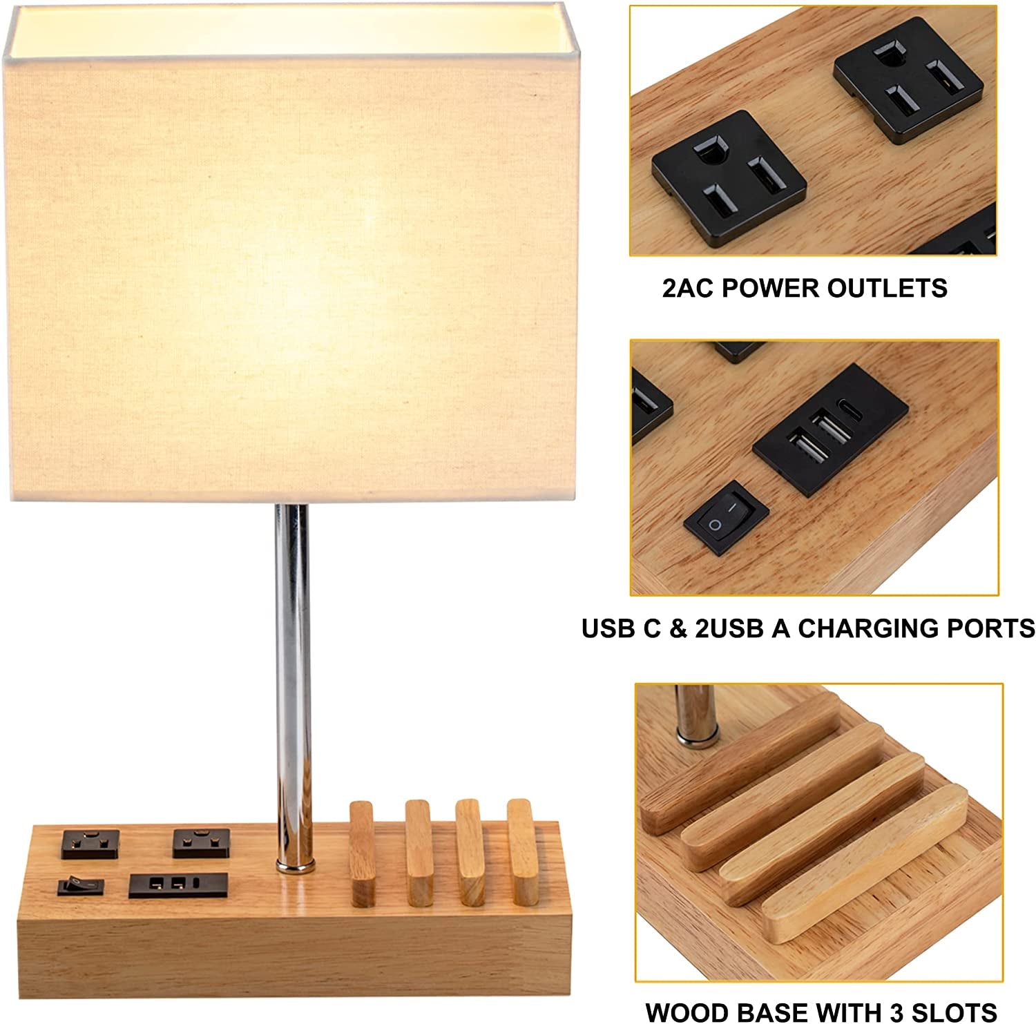 Desk Lamp with 3 USB Charging Ports, Natural Wooden Base and Cream Linen Shade