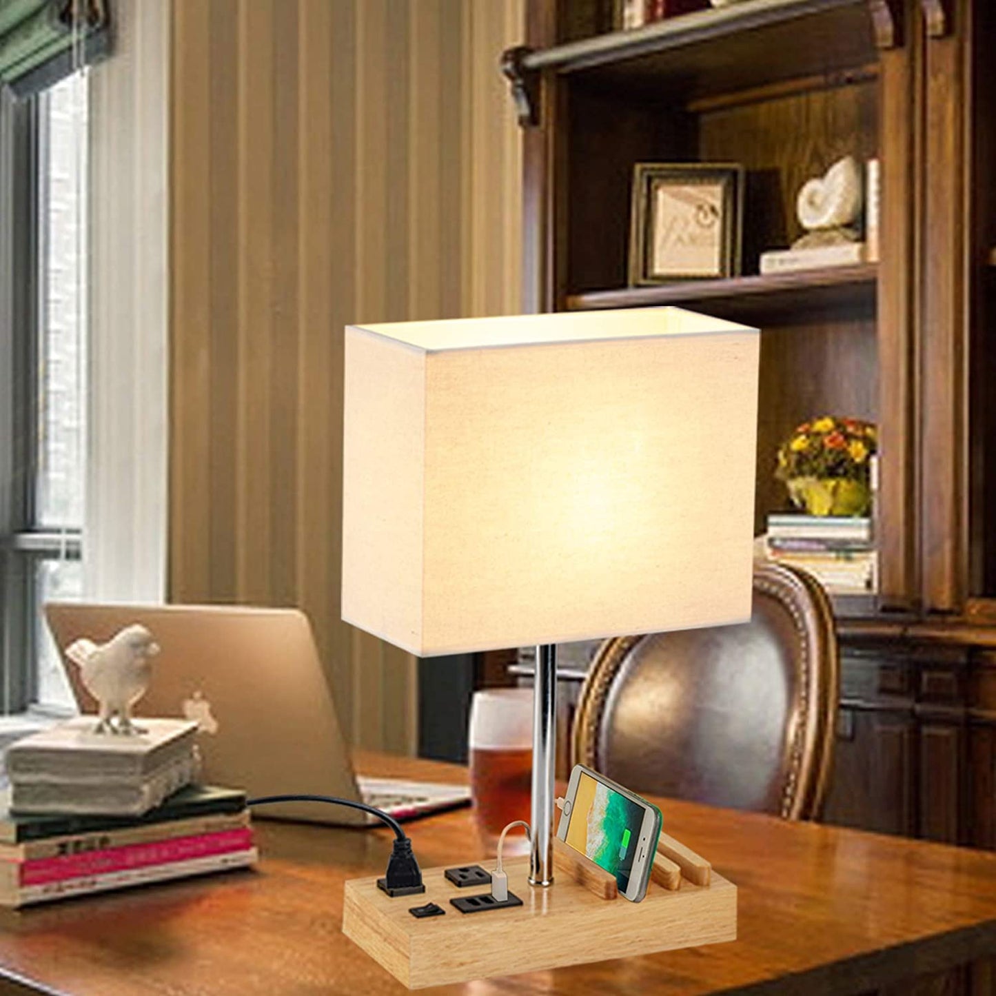 Desk Lamp with 3 USB Charging Ports, Natural Wooden Base and Cream Linen Shade