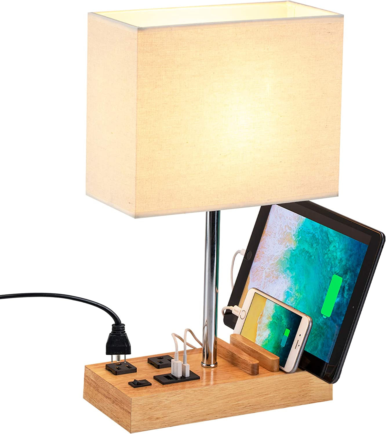 Desk Lamp with 3 USB Charging Ports, Natural Wooden Base and Cream Linen Shade